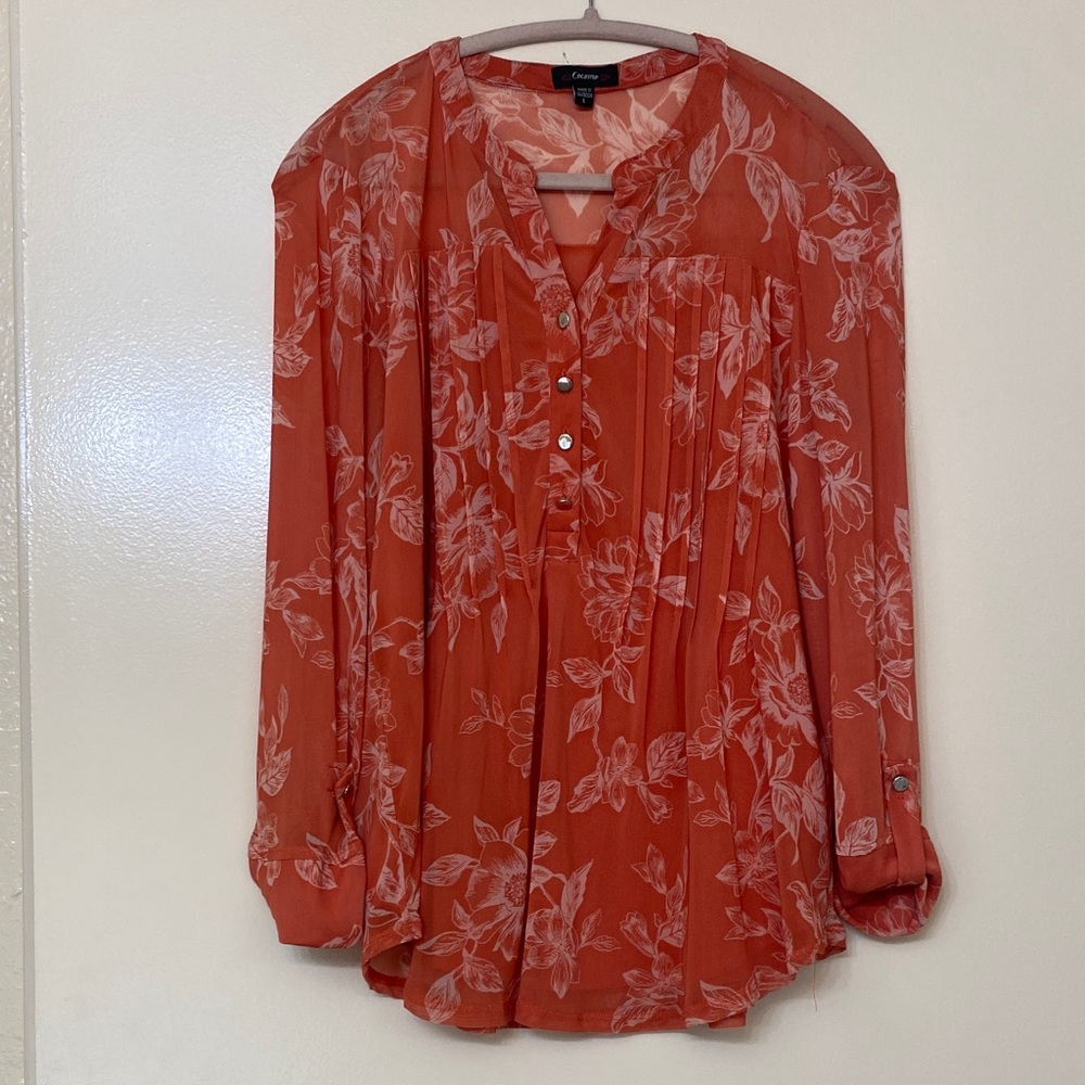 Orange Floral Split-Neck Long-Sleeve Tunic